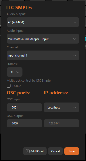 OSC See Settings: OSC input 7001, OSC output 7000, Localhost