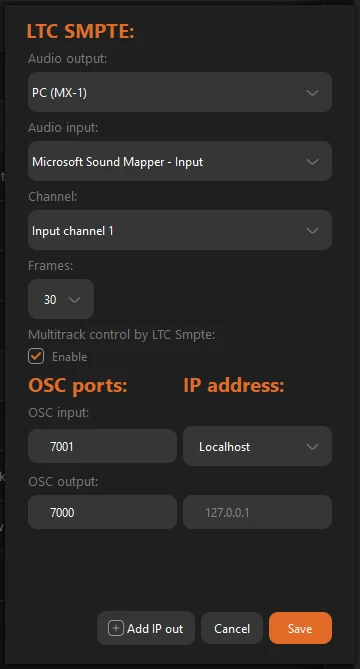 Settings window: LTC SMPTE, OSC ports and IP address