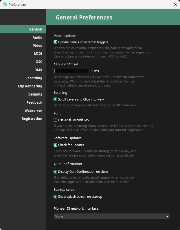 Resolume General Preferences with Update panels on external triggers and Scroll Layers and Clips into view