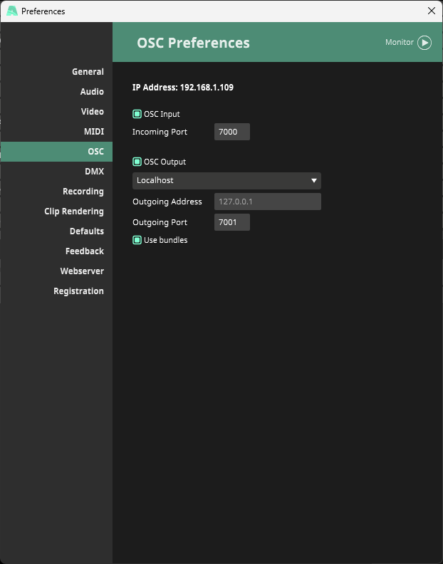 Resolume OSC Preferences: OSC Input on port 7000, OSC Output to Localhost on port 7001